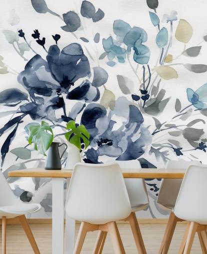 navy blue customisable botanical wallpaper mural called Indigo Garden 2 by Carol Robinson for bedrooms and lounges
