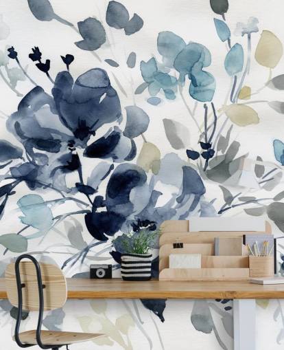 marineblått tilpassbart botanisk tapetmaleri kalt Indigo Garden 2 av Carol Robinson for soverom og salonger