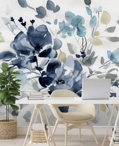 carta da parati murale botanica personalizzabile blu marino chiamata Indigo Garden 2 di Carol Robinson per camere da letto e salotti