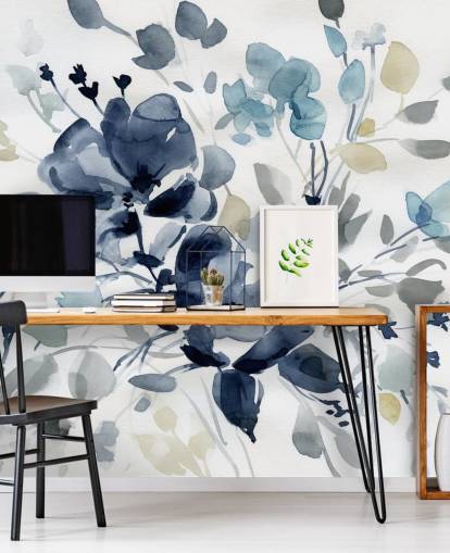 mural de papel de parede botânico personalizável em azul marinho chamado Indigo Garden 2 de Carol Robinson para quartos e salões