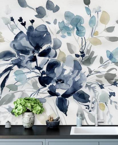 navy blue customisable botanical wallpaper mural called Indigo Garden 2 by Carol Robinson for bedrooms and lounges