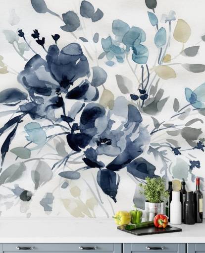 mural de papel de parede botânico personalizável em azul marinho chamado Indigo Garden 2 de Carol Robinson para quartos e salões