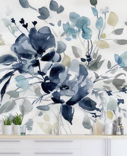 marineblått tilpassbart botanisk tapetmaleri kalt Indigo Garden 2 av Carol Robinson for soverom og salonger
