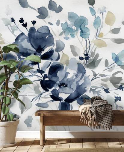 mural de papel de parede botânico personalizável em azul marinho chamado Indigo Garden 2 de Carol Robinson para quartos e salões