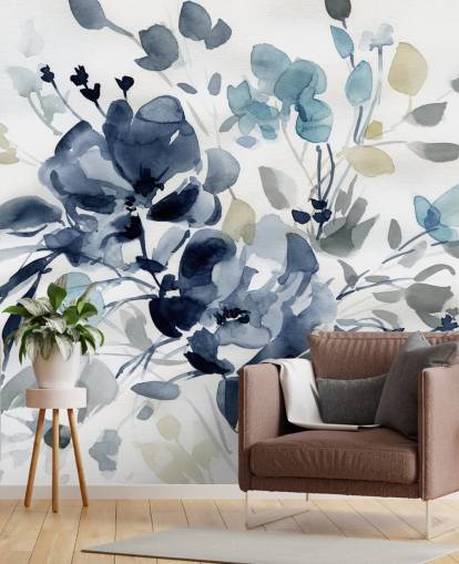 marineblått tilpassbart botanisk tapetmaleri kalt Indigo Garden 2 av Carol Robinson for soverom og salonger