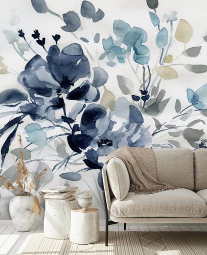 navy blue customisable botanical wallpaper mural called Indigo Garden 2 by Carol Robinson for bedrooms and lounges