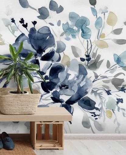 mural de papel de parede botânico personalizável em azul marinho chamado Indigo Garden 2 de Carol Robinson para quartos e salões