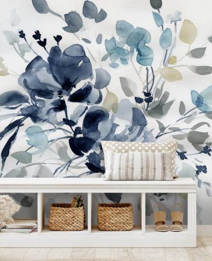 navy blue customisable botanical wallpaper mural called Indigo Garden 2 by Carol Robinson for bedrooms and lounges