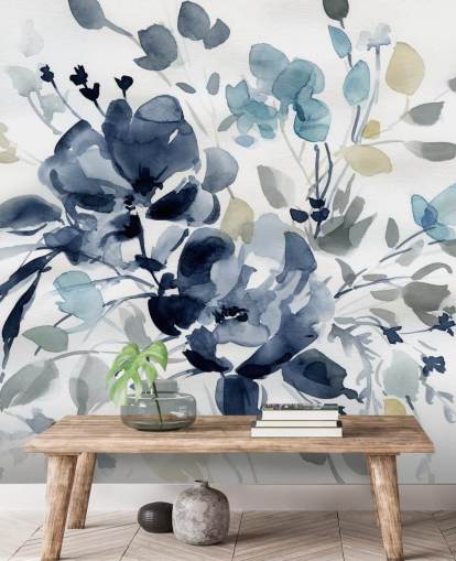 navy blue customisable botanical wallpaper mural called Indigo Garden 2 by Carol Robinson for bedrooms and lounges