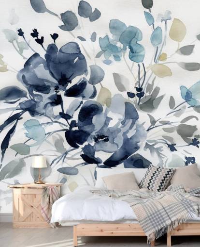 marineblått tilpassbart botanisk tapetmaleri kalt Indigo Garden 2 av Carol Robinson for soverom og salonger