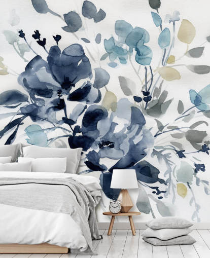 navy blue customisable botanical wallpaper mural called Indigo Garden 2 by Carol Robinson for bedrooms and lounges