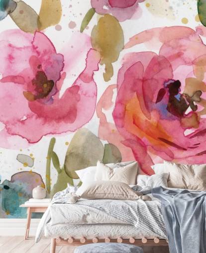 roze rozenmuurschildering genaamd Macro Garden van Carol Robinson voor lounges en slaapkamers