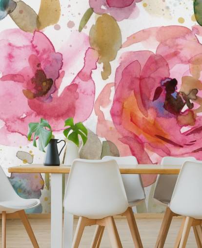 rosa ros tapetväggmålning som heter Macro Garden av Carol Robinson för lounger och sovrum