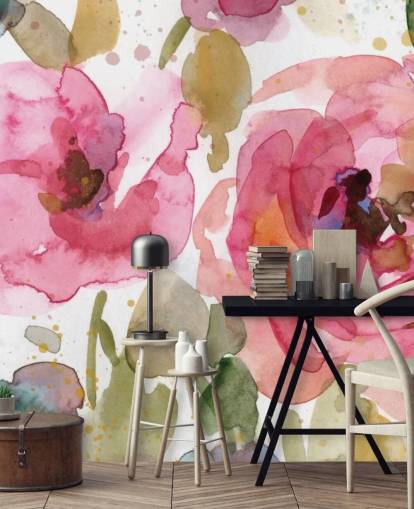 carta da parati murale rosa chiamata Macro Garden di Carol Robinson per salotti e camere da letto