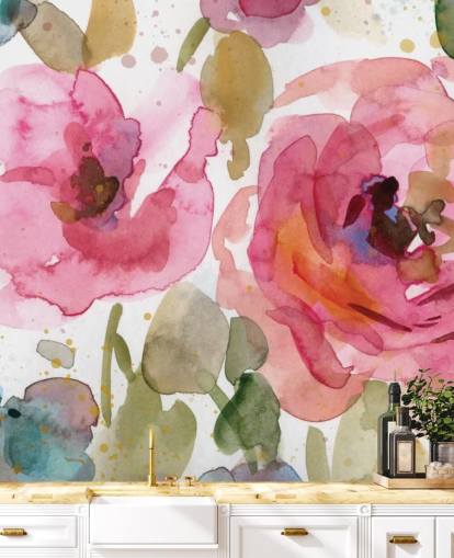 mural de papel pintado con rosas rosas llamado Macro Garden de Carol Robinson para salones y dormitorios