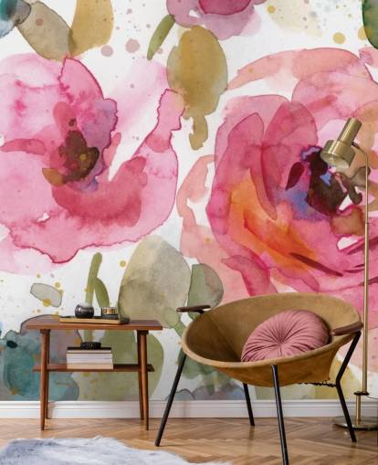 papier peint mural rose appelé Macro Garden par Carol Robinson pour les salons et les chambres