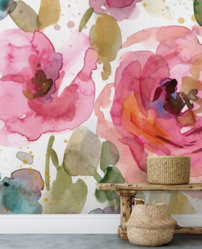 papier peint mural rose appelé Macro Garden par Carol Robinson pour les salons et les chambres