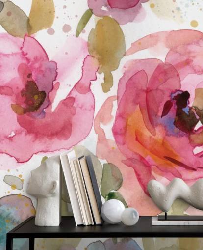 mural de papel pintado con rosas rosas llamado Macro Garden de Carol Robinson para salones y dormitorios