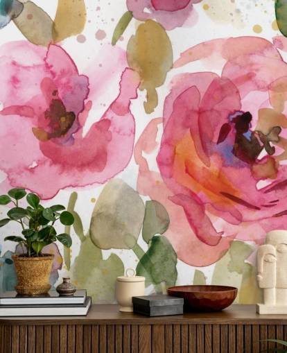 papier peint mural rose appelé Macro Garden par Carol Robinson pour les salons et les chambres