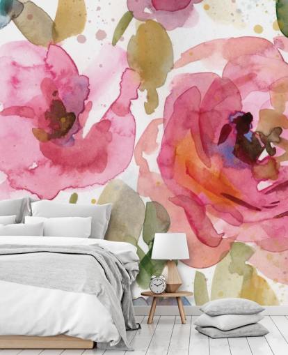 mural de papel pintado con rosas rosas llamado Macro Garden de Carol Robinson para salones y dormitorios