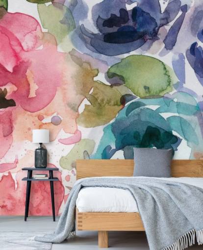 mural de papel de parede floral personalizável rosa e azul chamado Macro Garden 2 de Carol Robinson para salas de estar e quartos