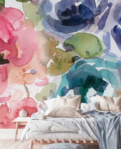 papier peint mural floral personnalisable rose et bleu appelé Macro Garden 2 par Carol Robinson pour les salons et les chambres