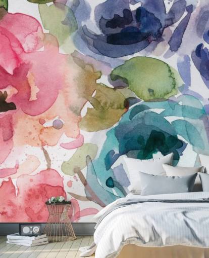 roze en blauwe aanpasbare bloemenbehangmuurschildering genaamd Macro Garden 2 van Carol Robinson voor woonkamers en slaapkamers roze en blauwe aanpasbare bloemenbehangmuurschildering genaamd Macro Garden 2 van Carol Robinson voor woonkamers en slaapkamers