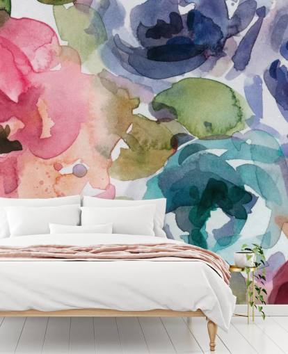 pink and blue customisable floral wallpaper mural called Macro Garden 2 by Carol Robinson for living rooms and bedrooms