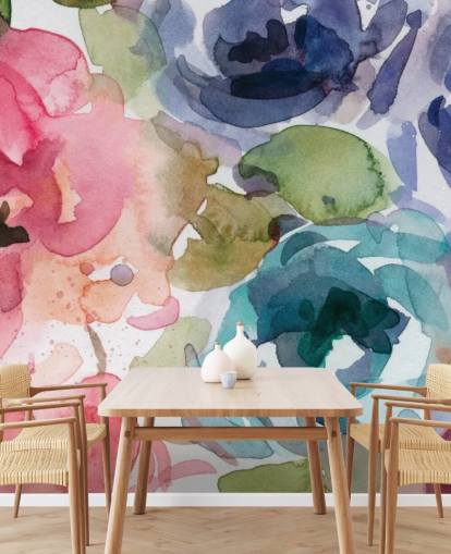 rosa och blå anpassningsbar blommig tapetväggmålning som heter Macro Garden 2 av Carol Robinson för vardagsrum och sovrum