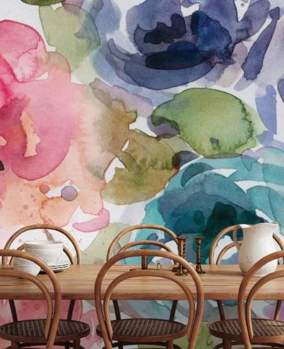 papier peint mural floral personnalisable rose et bleu appelé Macro Garden 2 par Carol Robinson pour les salons et les chambres