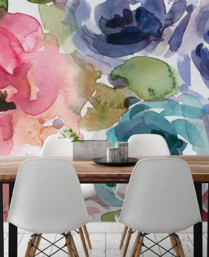 papier peint mural floral personnalisable rose et bleu appelé Macro Garden 2 par Carol Robinson pour les salons et les chambres