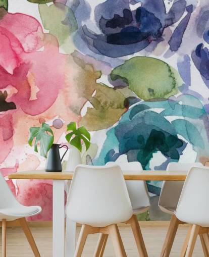 Personalisierbare Blumentapete in Rosa und Blau namens Macro Garden 2 von Carol Robinson für Wohn- und Schlafzimmer