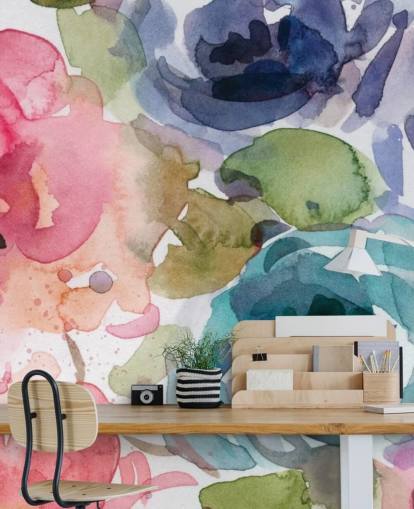 Personalisierbare Blumentapete in Rosa und Blau namens Macro Garden 2 von Carol Robinson für Wohn- und Schlafzimmer