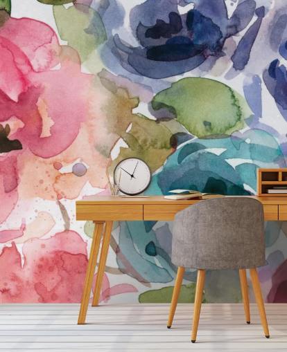 pink and blue customisable floral wallpaper mural called Macro Garden 2 by Carol Robinson for living rooms and bedrooms