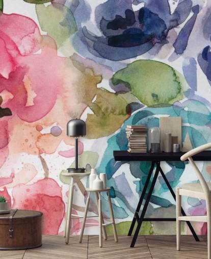 mural de papel pintado floral personalizable rosa y azul llamado Macro Garden 2 de Carol Robinson para salas de estar y dormitorios