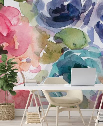 pink and blue customisable floral wallpaper mural called Macro Garden 2 by Carol Robinson for living rooms and bedrooms