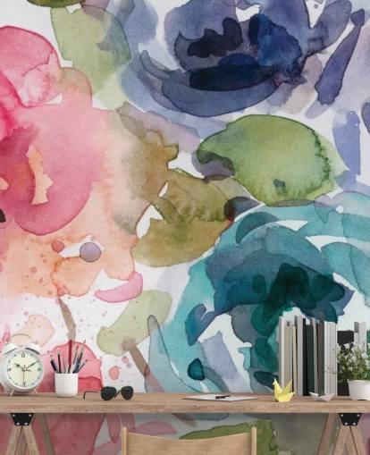 carta da parati murale floreale personalizzabile rosa e blu chiamata Macro Garden 2 di Carol Robinson per salotti e camere da letto