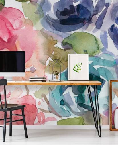 pink and blue customizable floral wallpaper mural called Macro Garden 2 by Carol Robinson for living rooms and bedrooms