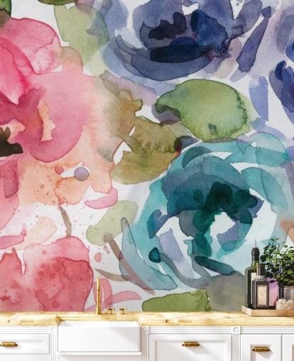 pink and blue customizable floral wallpaper mural called Macro Garden 2 by Carol Robinson for living rooms and bedrooms