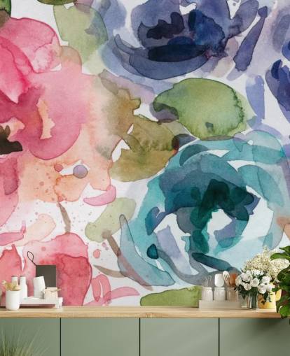 pink and blue customisable floral wallpaper mural called Macro Garden 2 by Carol Robinson for living rooms and bedrooms