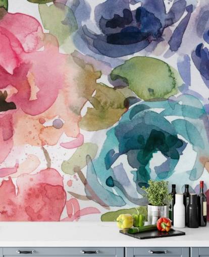 rosa och blå anpassningsbar blommig tapetväggmålning som heter Macro Garden 2 av Carol Robinson för vardagsrum och sovrum