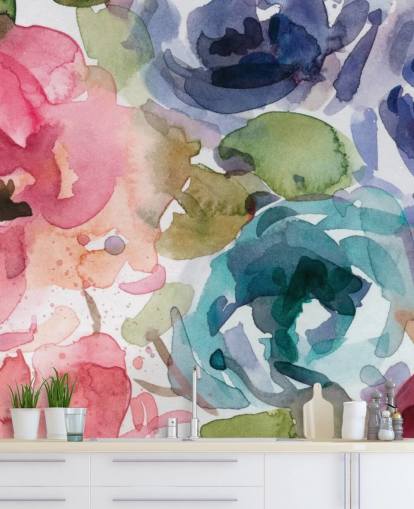 mural de papel de parede floral personalizável rosa e azul chamado Macro Garden 2 de Carol Robinson para salas de estar e quartos