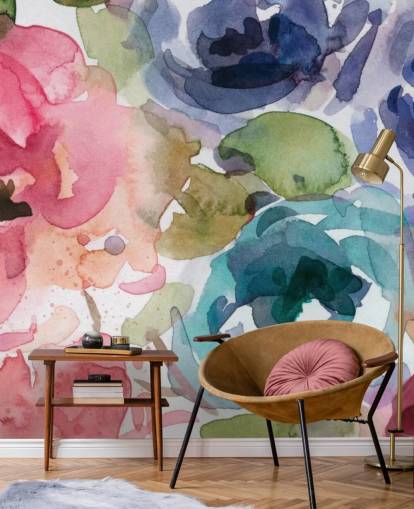 Personalisierbare Blumentapete in Rosa und Blau namens Macro Garden 2 von Carol Robinson für Wohn- und Schlafzimmer
