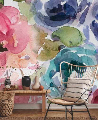 Personalisierbare Blumentapete in Rosa und Blau namens Macro Garden 2 von Carol Robinson für Wohn- und Schlafzimmer