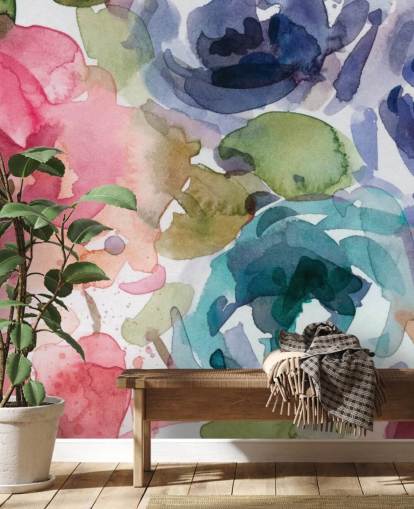 rosa och blå anpassningsbar blommig tapetväggmålning som heter Macro Garden 2 av Carol Robinson för vardagsrum och sovrum