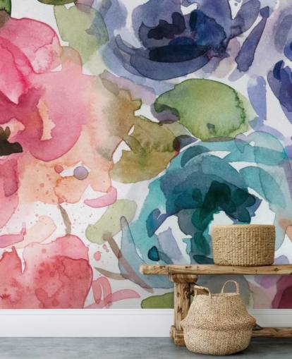 mural de papel pintado floral personalizable rosa y azul llamado Macro Garden 2 de Carol Robinson para salas de estar y dormitorios
