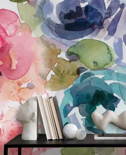 Personalisierbare Blumentapete in Rosa und Blau namens Macro Garden 2 von Carol Robinson für Wohn- und Schlafzimmer