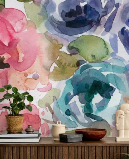 lyserødt og blåt tilpassbart blomstertapet vægmaleri kaldet Macro Garden 2 af Carol Robinson til stuer og soveværelser lyserødt og blåt tilpassbart blomstertapet vægmaleri kaldet Macro Garden 2 af Carol Robinson til stuer og soveværelser