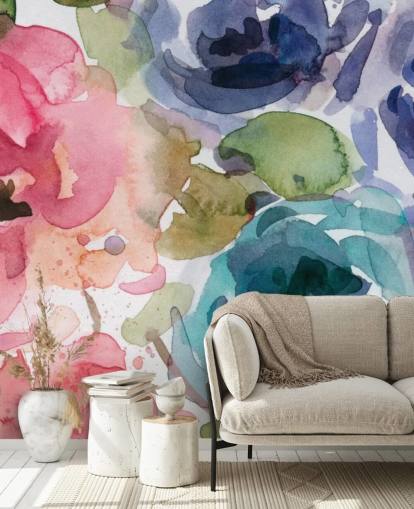 mural de papel pintado floral personalizable rosa y azul llamado Macro Garden 2 de Carol Robinson para salas de estar y dormitorios