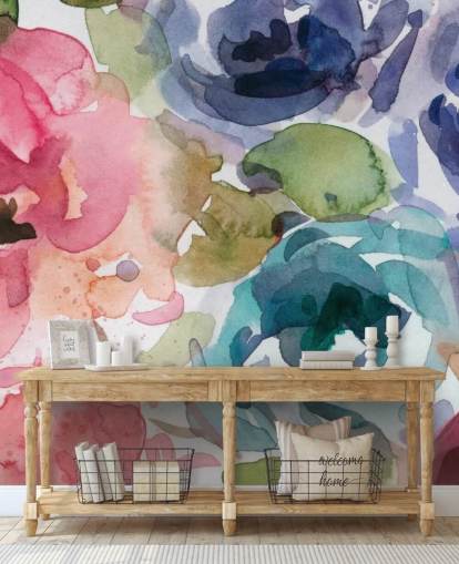 pink and blue customisable floral wallpaper mural called Macro Garden 2 by Carol Robinson for living rooms and bedrooms